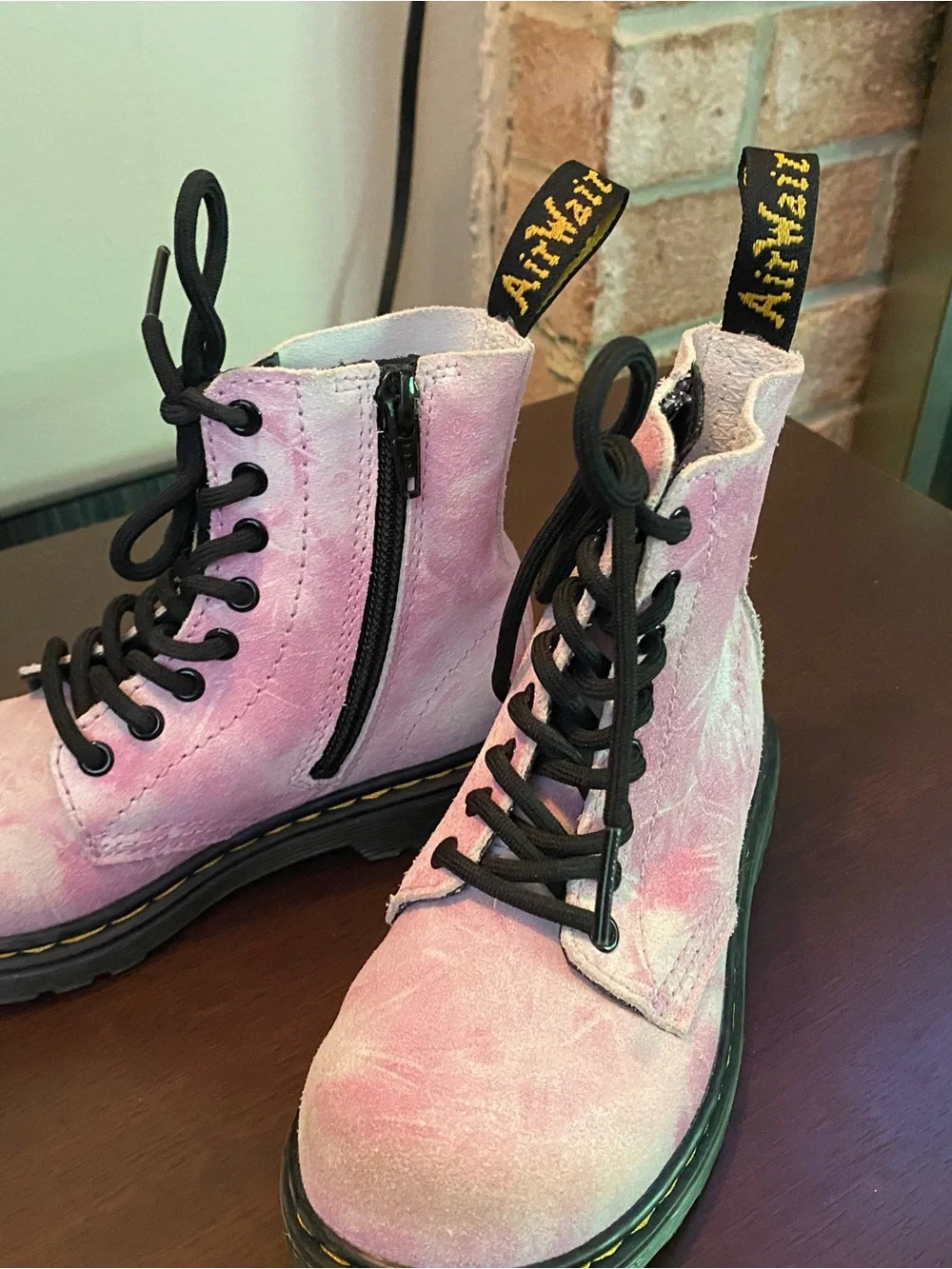 Dr. Martens Pink Suede Kids Lace-Up Boots with Black Laces